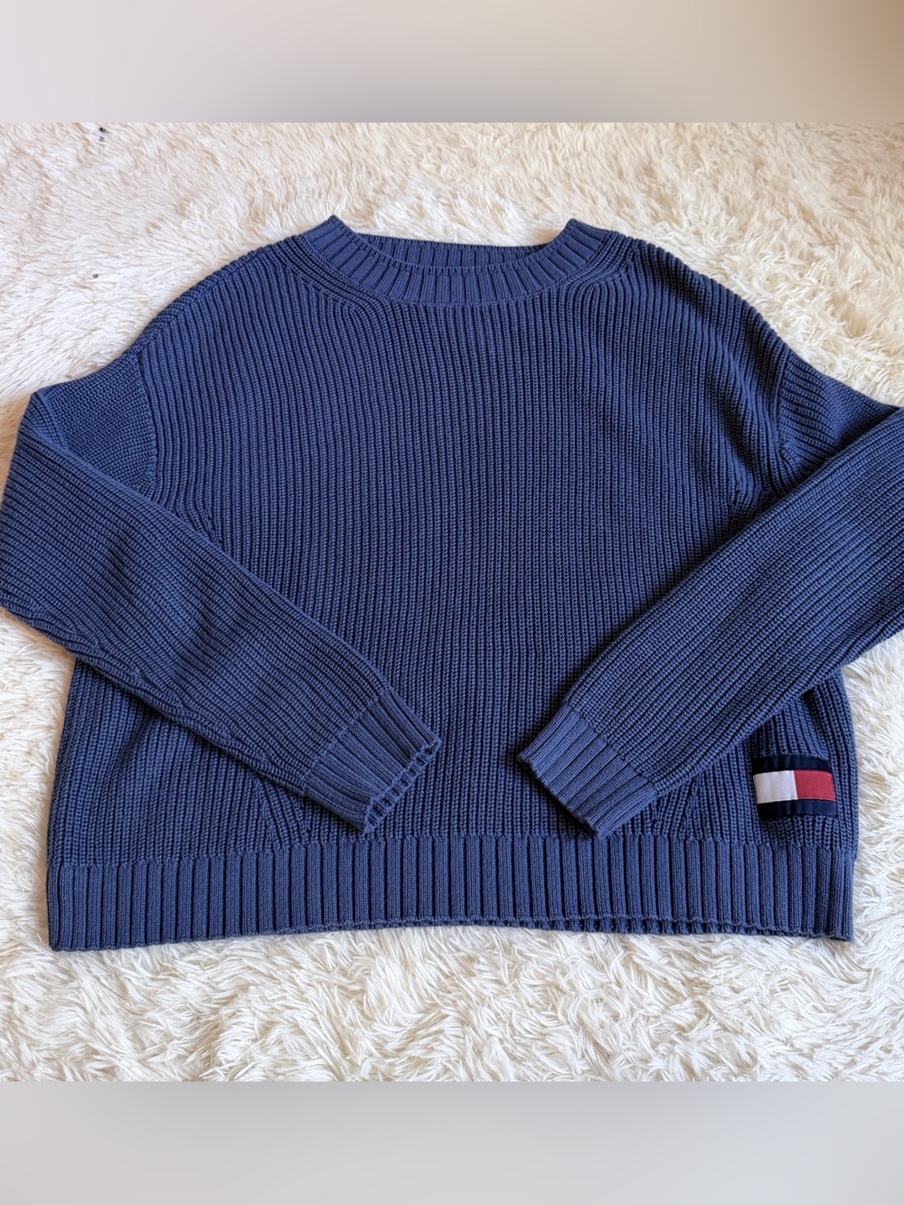 Tommy Hilfiger Blue Ribbed Crewneck Sweater with Flag Patch